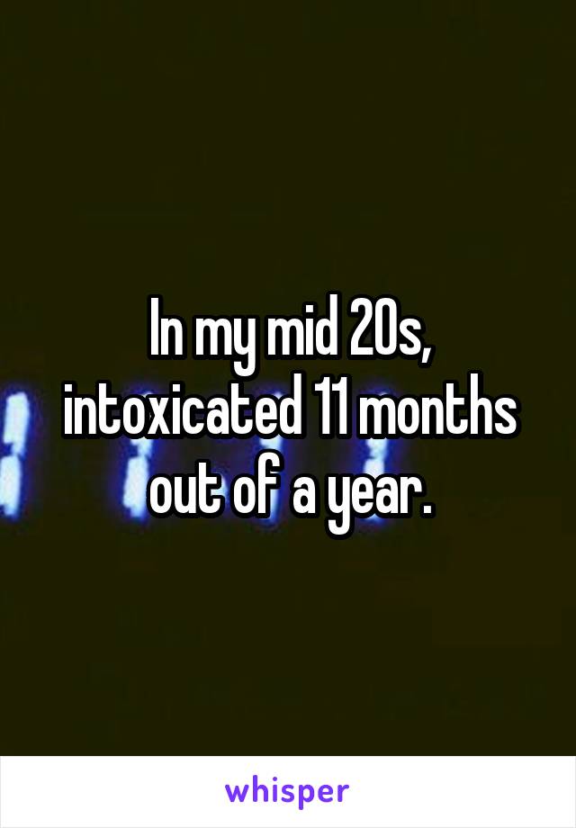 In my mid 20s, intoxicated 11 months out of a year.