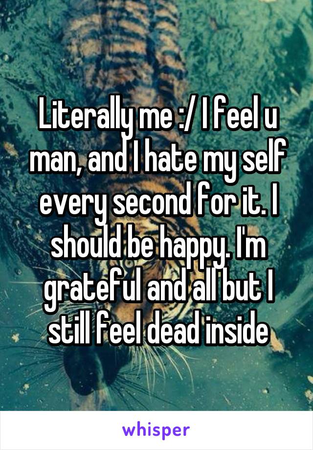 Literally me :/ I feel u man, and I hate my self every second for it. I should be happy. I'm grateful and all but I still feel dead inside