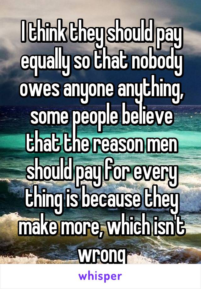 I think they should pay equally so that nobody owes anyone anything, some people believe that the reason men should pay for every thing is because they make more, which isn't wrong