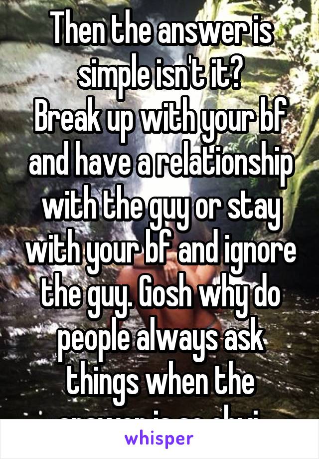 Then the answer is simple isn't it?
Break up with your bf and have a relationship with the guy or stay with your bf and ignore the guy. Gosh why do people always ask things when the answer is so obvi 