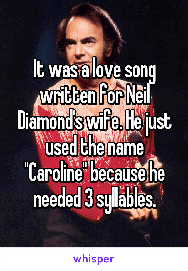 It was a love song written for Neil Diamond's wife. He just used the name "Caroline" because he needed 3 syllables.