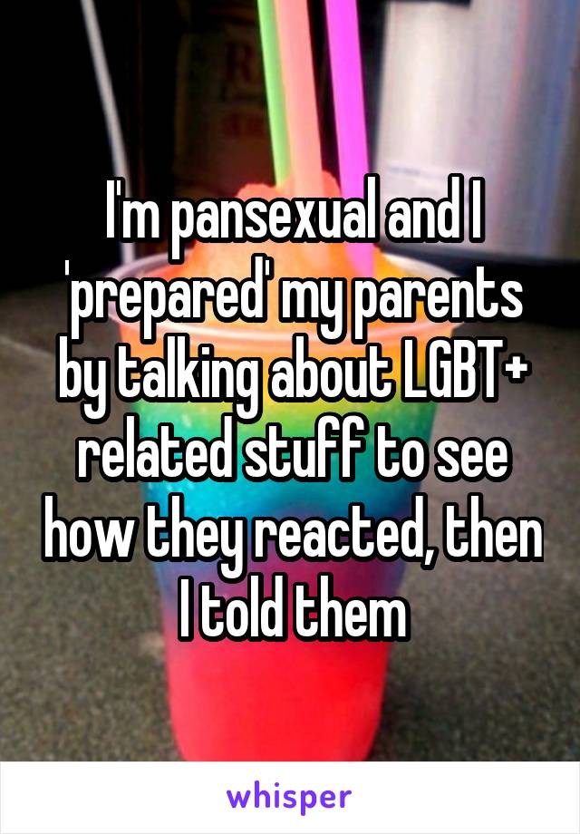 I'm pansexual and I 'prepared' my parents by talking about LGBT+ related stuff to see how they reacted, then I told them