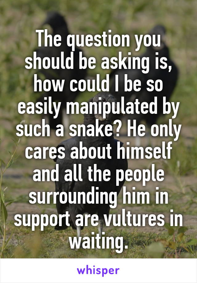 The question you should be asking is, how could I be so easily manipulated by such a snake? He only cares about himself and all the people surrounding him in support are vultures in waiting.