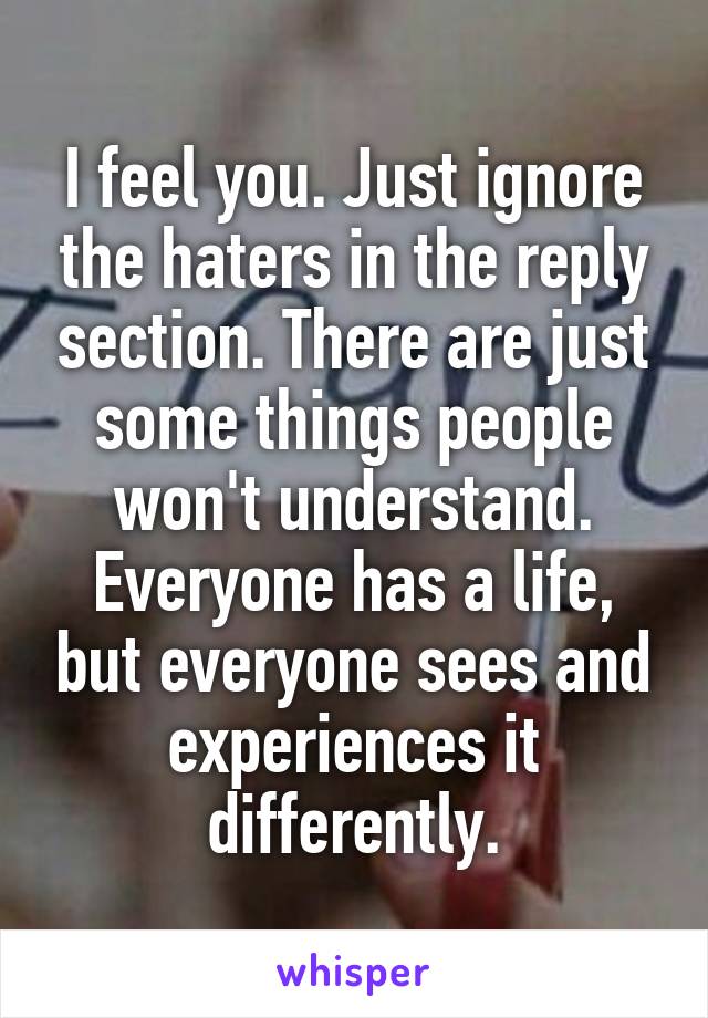 I feel you. Just ignore the haters in the reply section. There are just some things people won't understand. Everyone has a life, but everyone sees and experiences it differently.