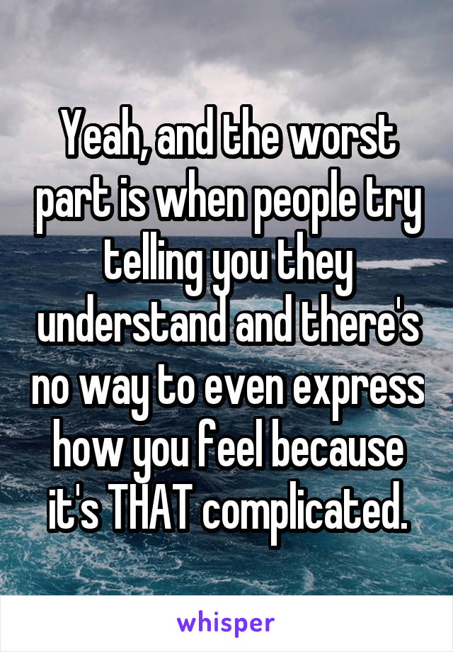 Yeah, and the worst part is when people try telling you they understand and there's no way to even express how you feel because it's THAT complicated.