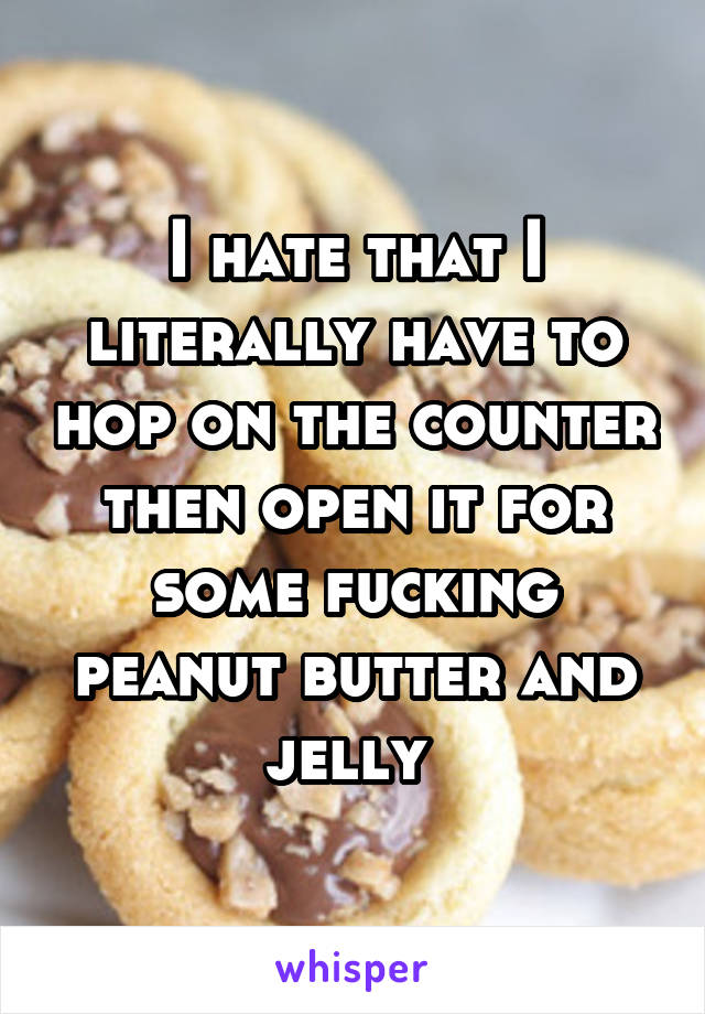 I hate that I literally have to hop on the counter then open it for some fucking peanut butter and jelly 
