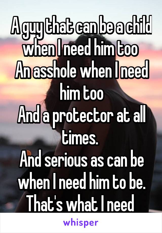 A guy that can be a child when I need him too 
An asshole when I need him too
And a protector at all times. 
And serious as can be when I need him to be.
That's what I need 