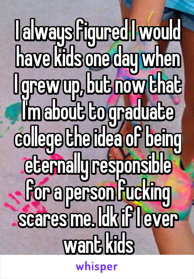 I always figured I would have kids one day when I grew up, but now that I'm about to graduate college the idea of being eternally responsible for a person fucking scares me. Idk if I ever want kids