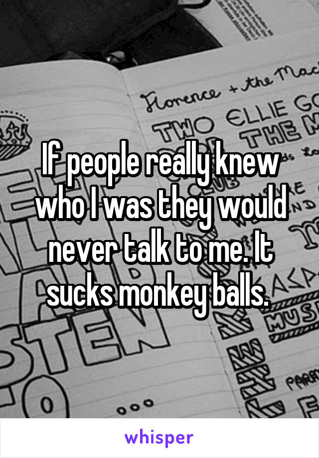 If people really knew who I was they would never talk to me. It sucks monkey balls. 