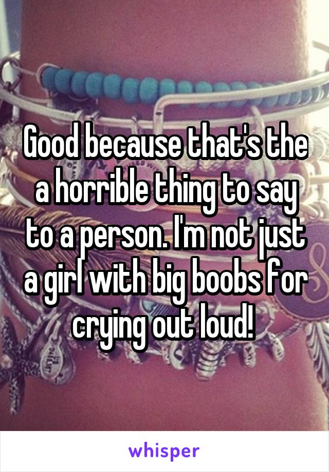 Good because that's the a horrible thing to say to a person. I'm not just a girl with big boobs for crying out loud! 