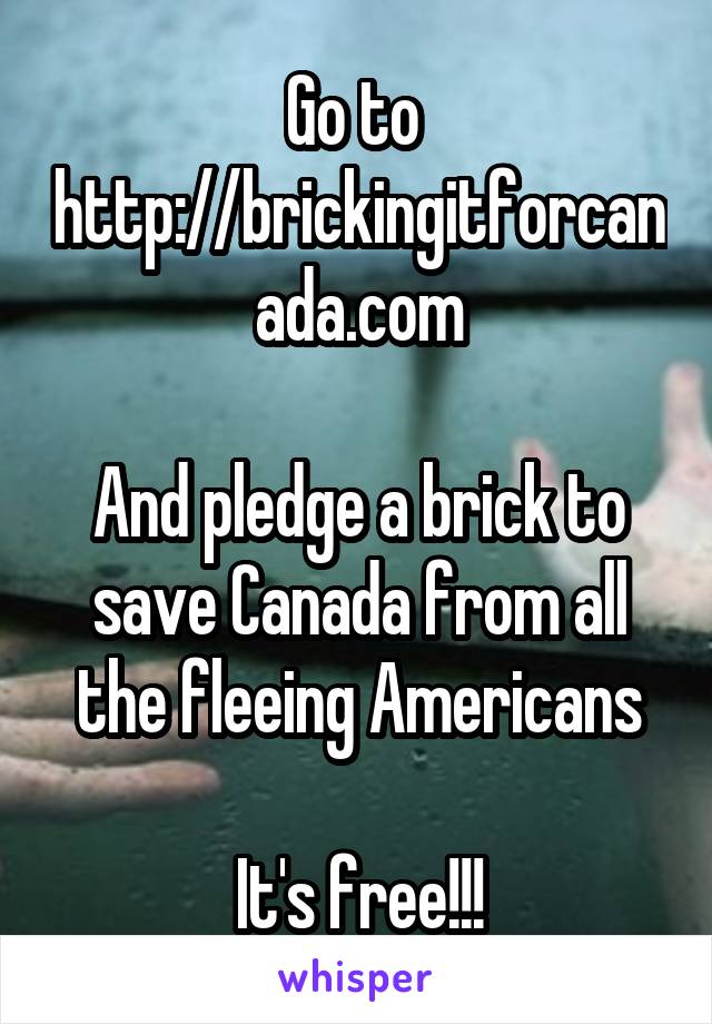 Go to 
http://brickingitforcanada.com

And pledge a brick to save Canada from all the fleeing Americans

It's free!!!