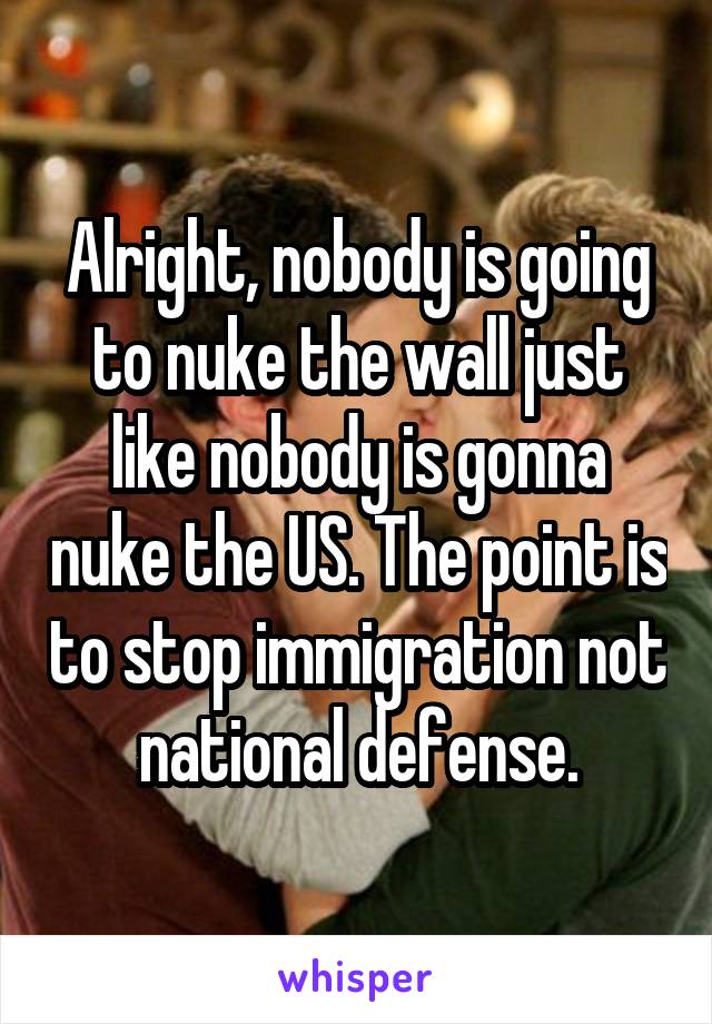 Alright, nobody is going to nuke the wall just like nobody is gonna nuke the US. The point is to stop immigration not national defense.