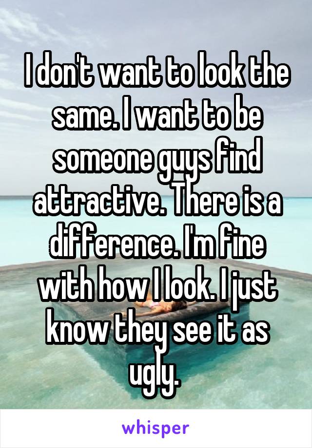 I don't want to look the same. I want to be someone guys find attractive. There is a difference. I'm fine with how I look. I just know they see it as ugly. 