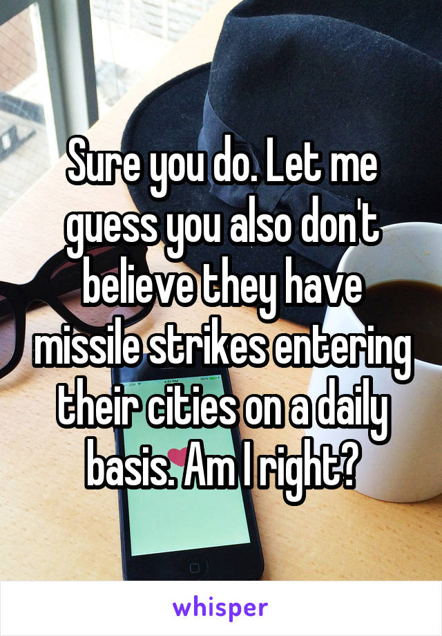 Sure you do. Let me guess you also don't believe they have missile strikes entering their cities on a daily basis. Am I right?