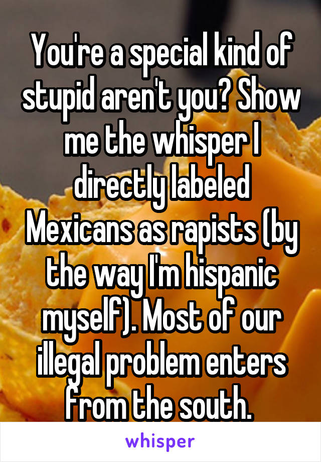 You're a special kind of stupid aren't you? Show me the whisper I directly labeled Mexicans as rapists (by the way I'm hispanic myself). Most of our illegal problem enters from the south. 