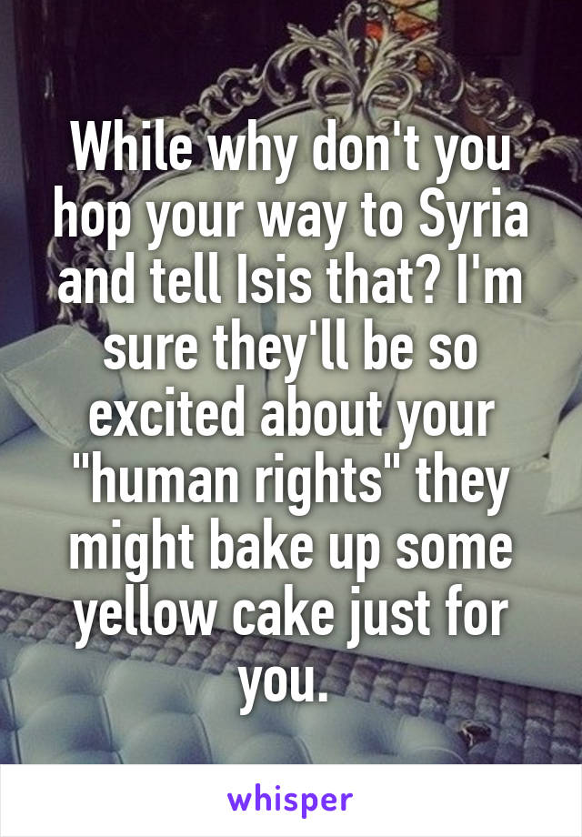 While why don't you hop your way to Syria and tell Isis that? I'm sure they'll be so excited about your "human rights" they might bake up some yellow cake just for you. 