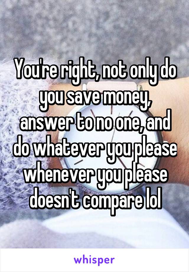 You're right, not only do you save money, answer to no one, and do whatever you please whenever you please doesn't compare lol