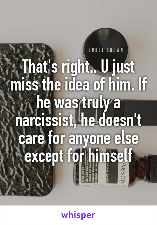 That's right.. U just miss the idea of him. If he was truly a narcissist, he doesn't care for anyone else except for himself