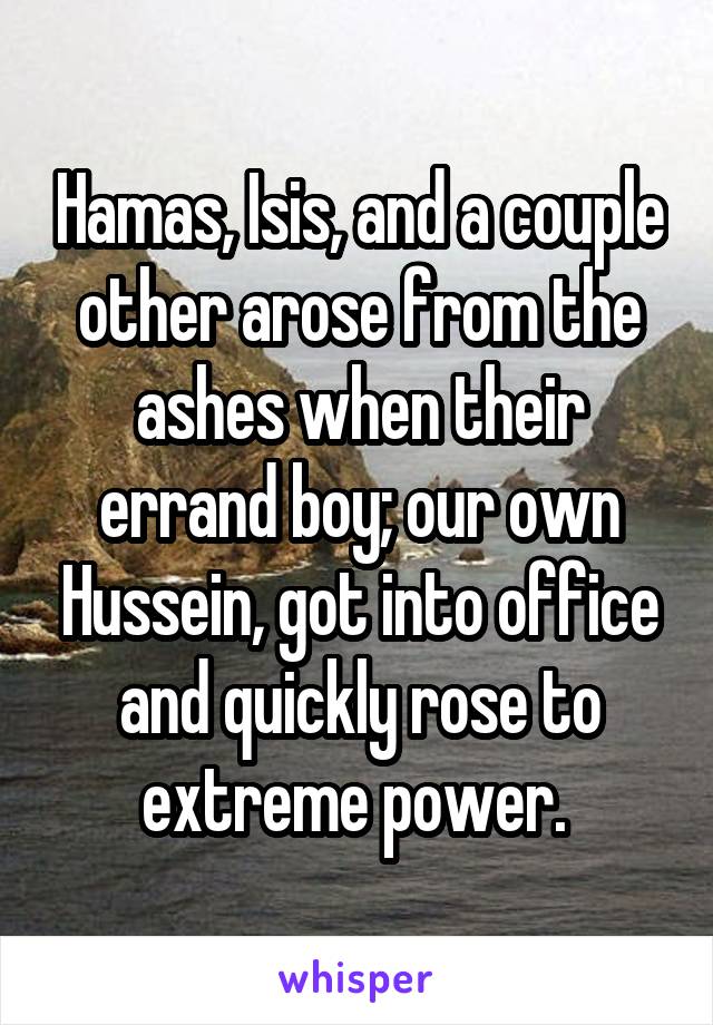 Hamas, Isis, and a couple other arose from the ashes when their errand boy; our own Hussein, got into office and quickly rose to extreme power. 