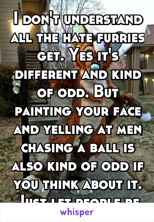 I don't understand all the hate furries get. Yes it's different and kind of odd. But painting your face and yelling at men chasing a ball is also kind of odd if you think about it. Just let people be