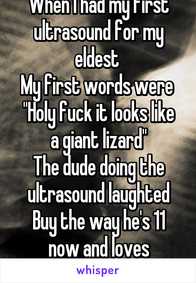 When I had my first ultrasound for my eldest 
My first words were 
"Holy fuck it looks like a giant lizard"
The dude doing the ultrasound laughted
Buy the way he's 11 now and loves dinosaurs 