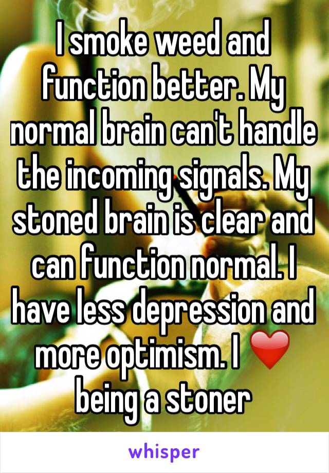 I smoke weed and function better. My normal brain can't handle the incoming signals. My stoned brain is clear and can function normal. I have less depression and more optimism. I ❤️ being a stoner 