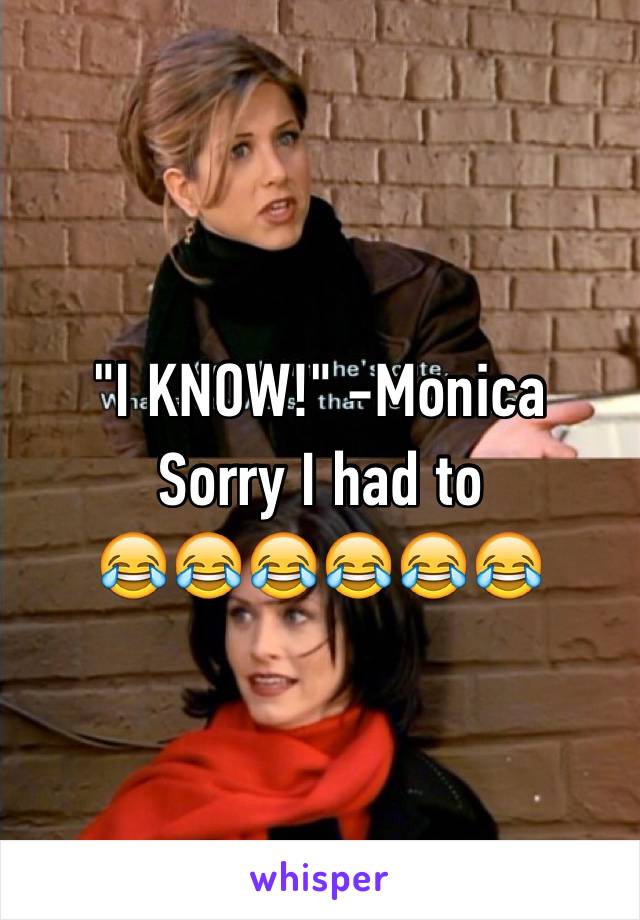 "I KNOW!" -Monica
Sorry I had to 
😂😂😂😂😂😂