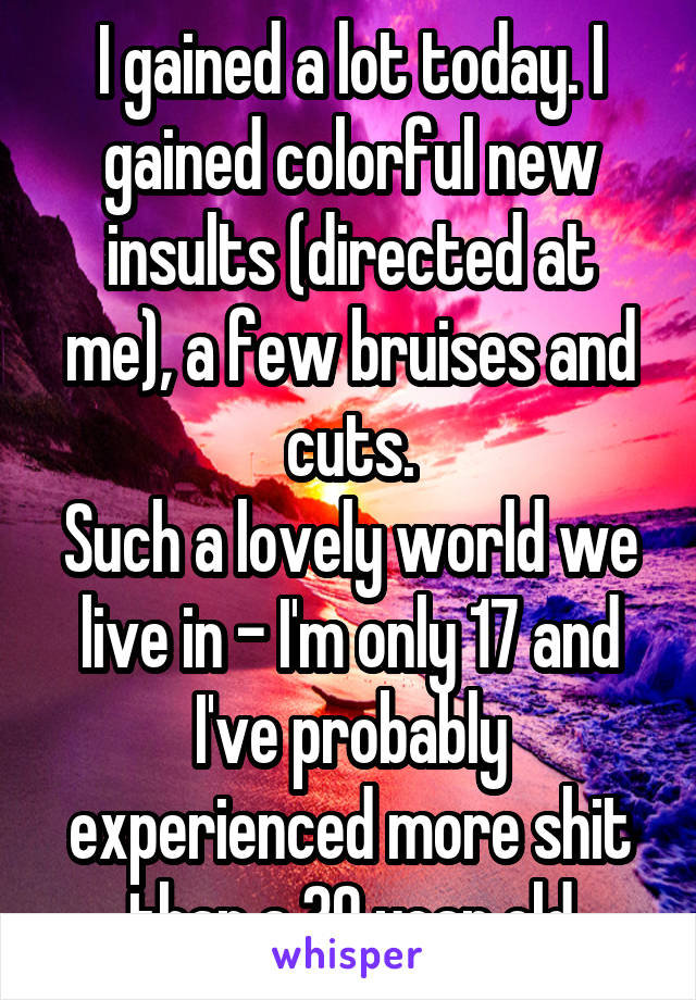 I gained a lot today. I gained colorful new insults (directed at me), a few bruises and cuts.
Such a lovely world we live in - I'm only 17 and I've probably experienced more shit than a 30 year old