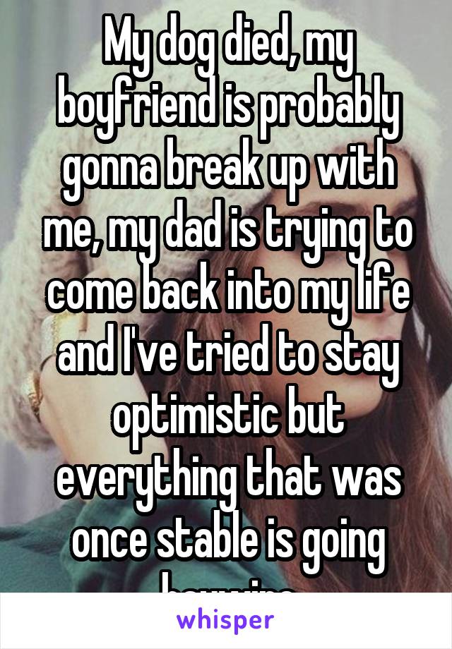 My dog died, my boyfriend is probably gonna break up with me, my dad is trying to come back into my life and I've tried to stay optimistic but everything that was once stable is going haywire