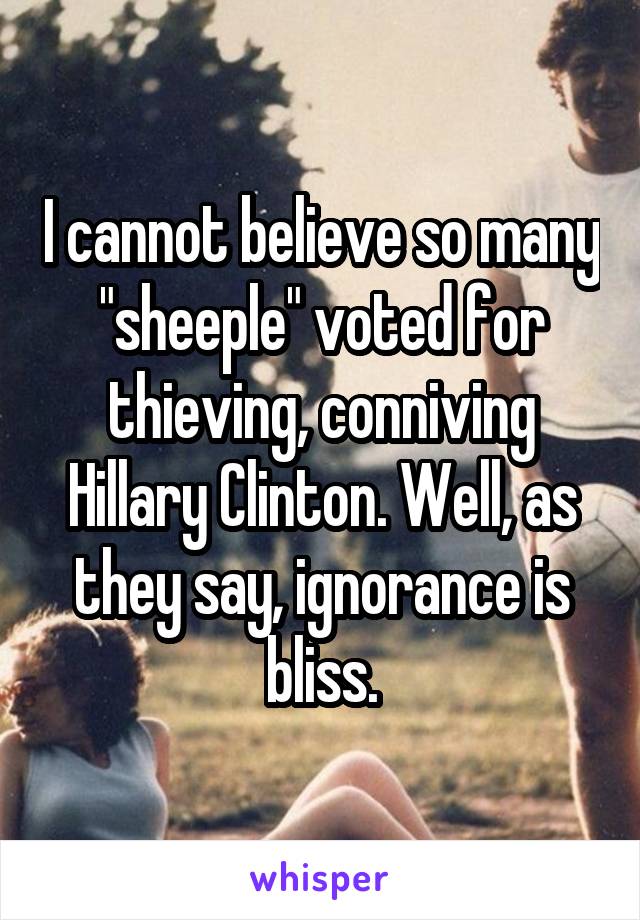 I cannot believe so many "sheeple" voted for thieving, conniving Hillary Clinton. Well, as they say, ignorance is bliss.