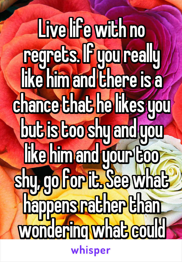 Live life with no regrets. If you really like him and there is a chance that he likes you but is too shy and you like him and your too shy, go for it. See what happens rather than wondering what could