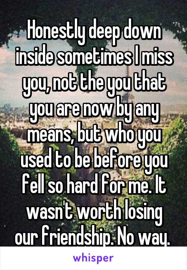 Honestly deep down inside sometimes I miss you, not the you that you are now by any means, but who you used to be before you fell so hard for me. It wasn't worth losing our friendship. No way. 