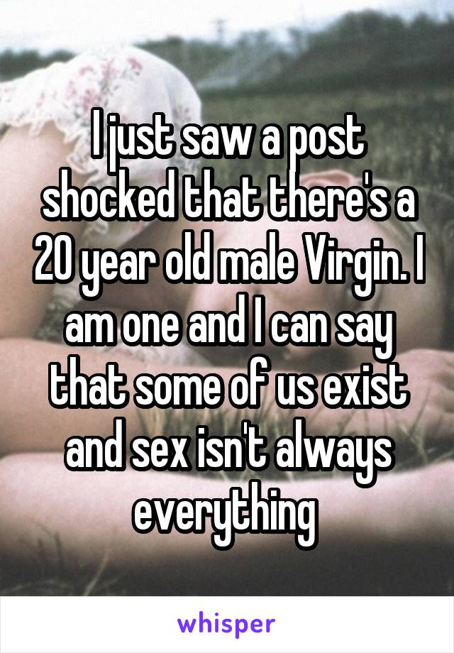 I just saw a post shocked that there's a 20 year old male Virgin. I am one and I can say that some of us exist and sex isn't always everything 