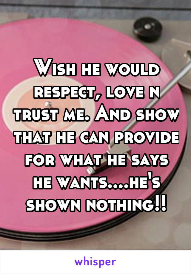 Wish he would respect, love n trust me. And show that he can provide for what he says he wants....he's shown nothing!!