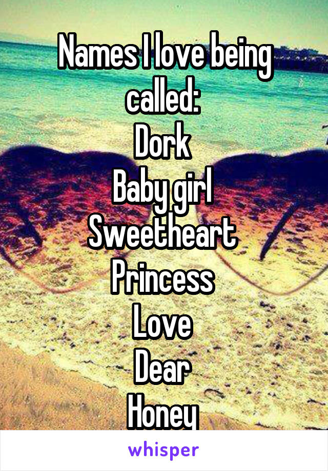 Names I love being called: 
Dork 
Baby girl 
Sweetheart 
Princess 
Love 
Dear 
Honey 