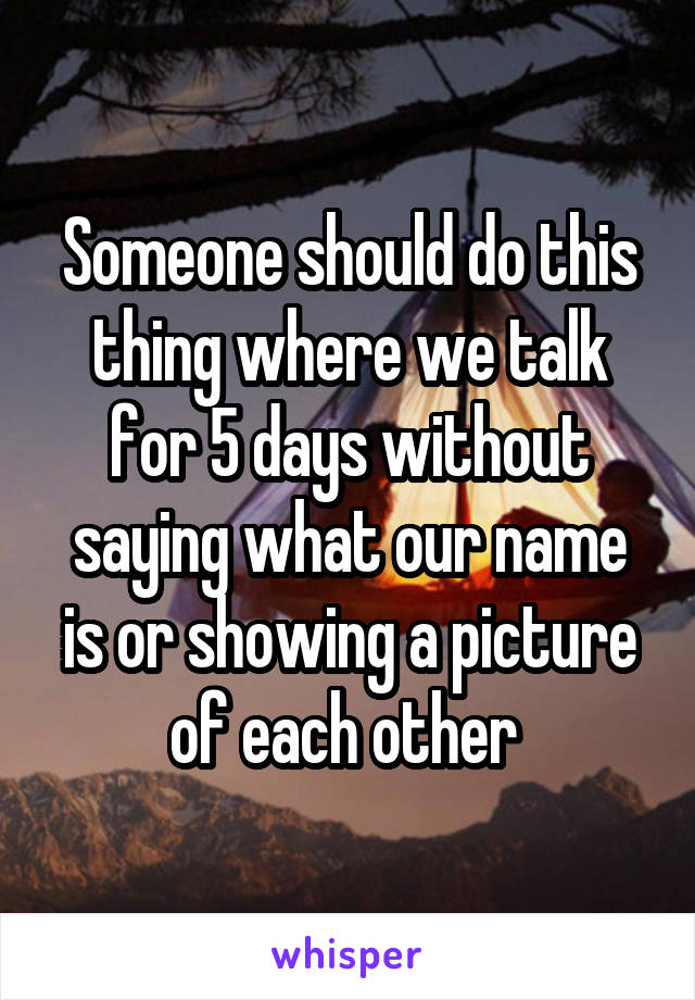 Someone should do this thing where we talk for 5 days without saying what our name is or showing a picture of each other 