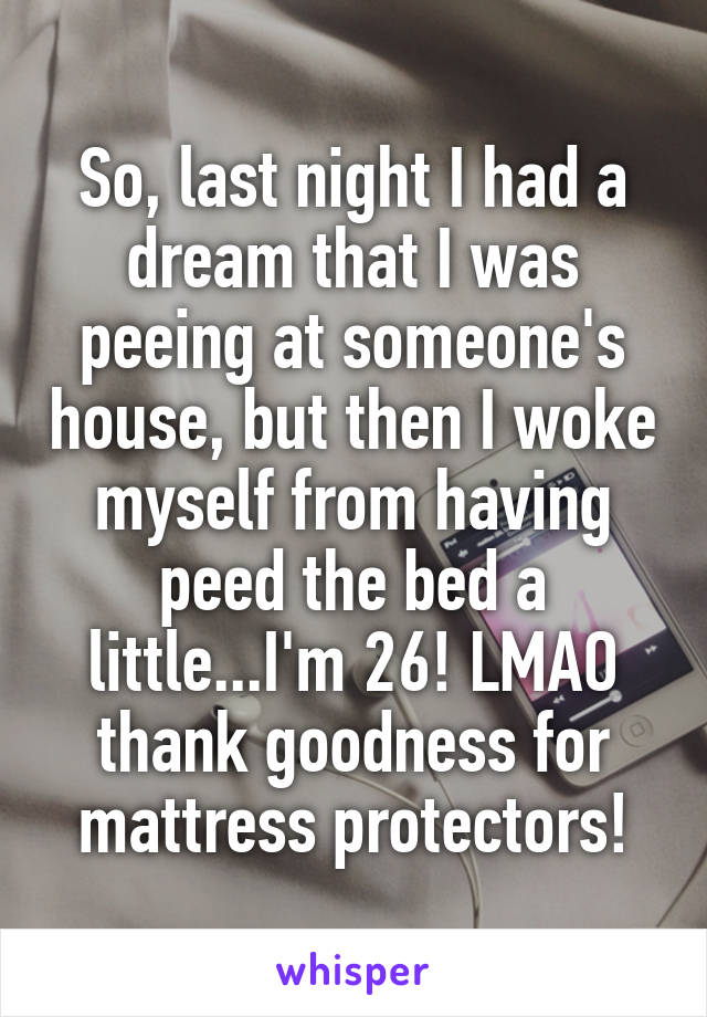 So, last night I had a dream that I was peeing at someone's house, but then I woke myself from having peed the bed a little...I'm 26! LMAO thank goodness for mattress protectors!