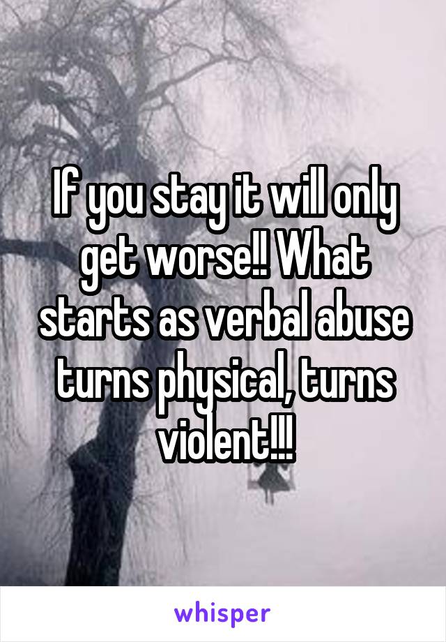 If you stay it will only get worse!! What starts as verbal abuse turns physical, turns violent!!!