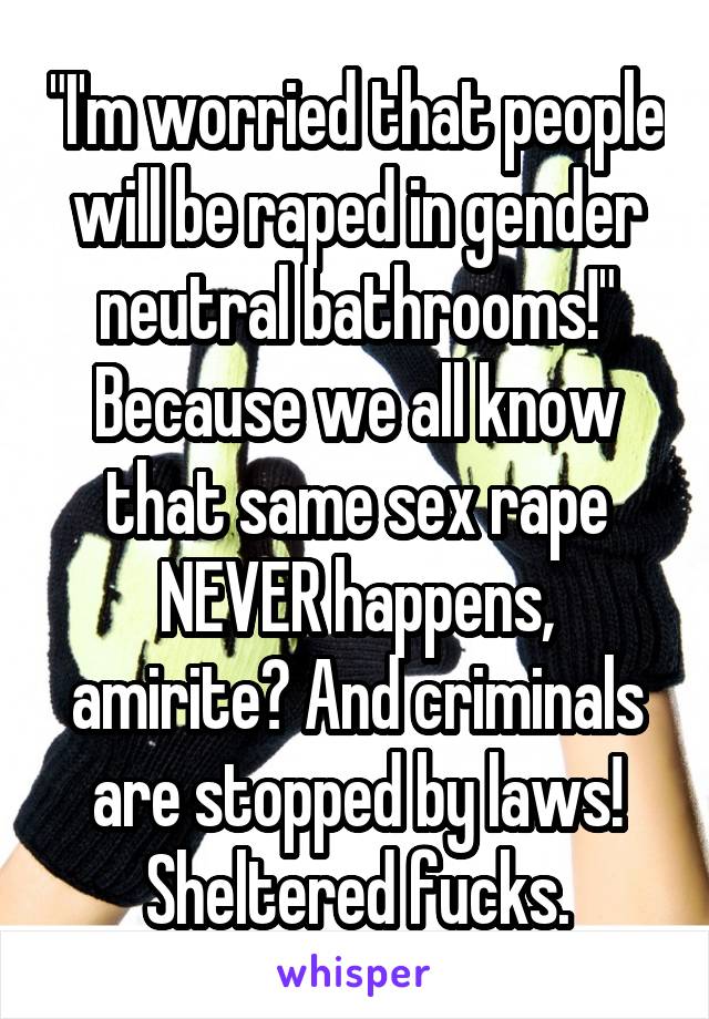 "I'm worried that people will be raped in gender neutral bathrooms!"
Because we all know that same sex rape NEVER happens, amirite? And criminals are stopped by laws!
Sheltered fucks.