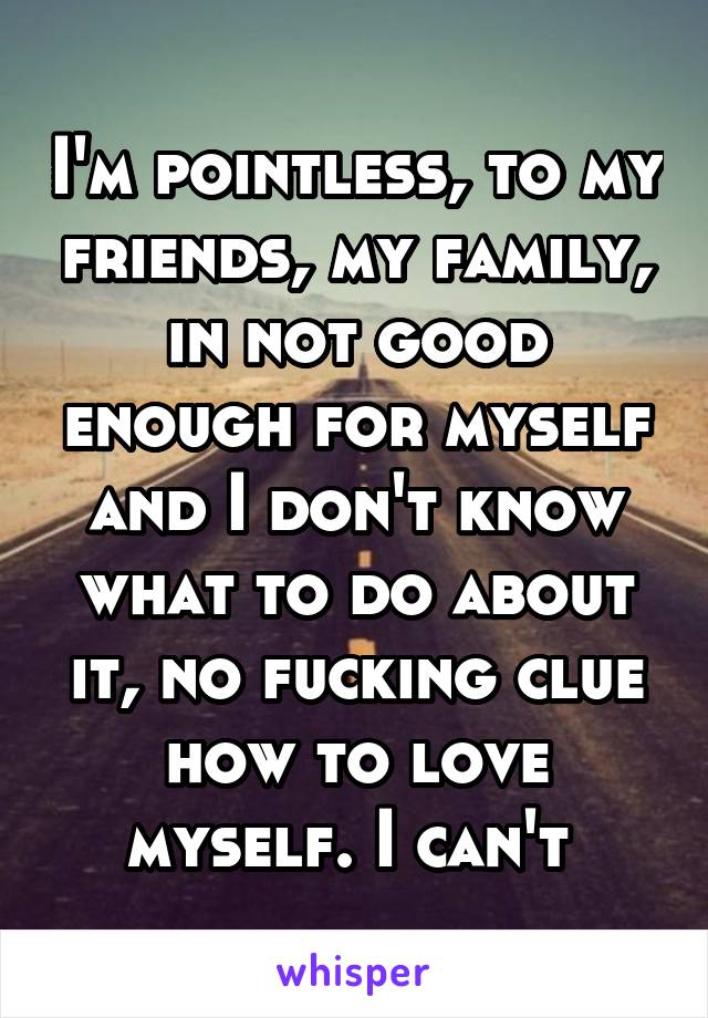 I'm pointless, to my friends, my family, in not good enough for myself and I don't know what to do about it, no fucking clue how to love myself. I can't 