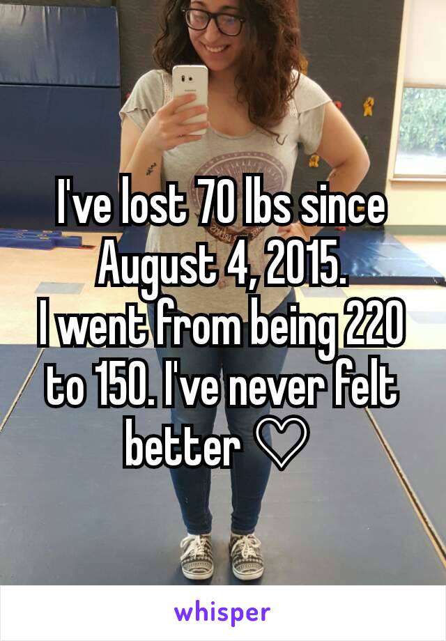 I've lost 70 lbs since August 4, 2015.
I went from being 220 to 150. I've never felt better ♡ 