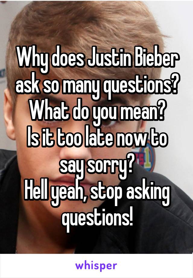 Why does Justin Bieber ask so many questions?
What do you mean?
Is it too late now to say sorry?
Hell yeah, stop asking questions!