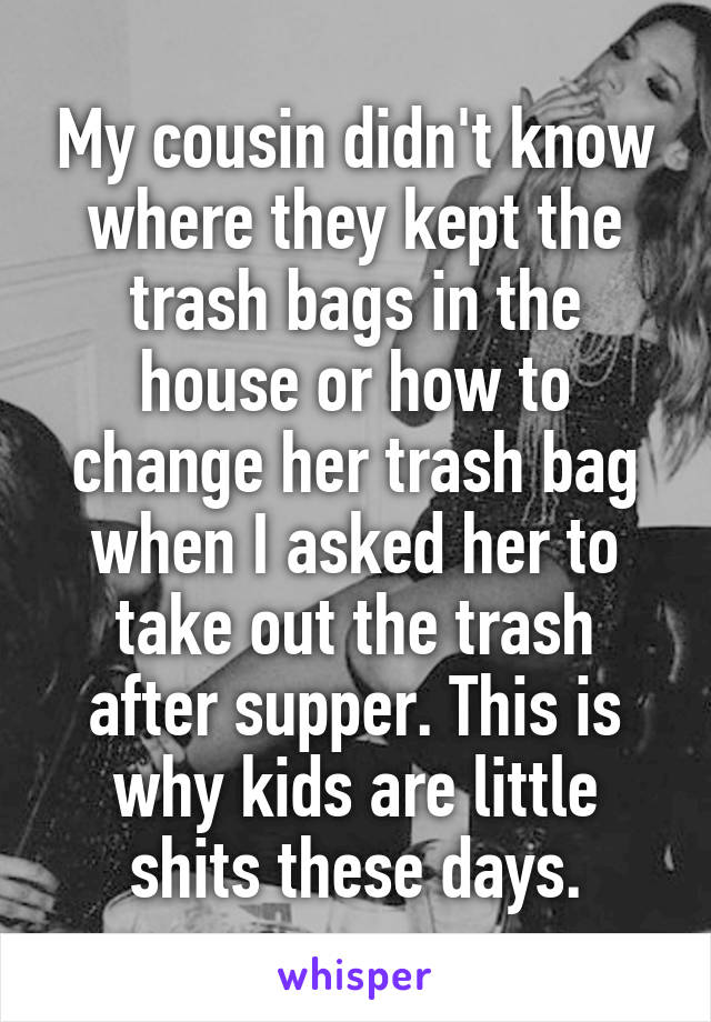 My cousin didn't know where they kept the trash bags in the house or how to change her trash bag when I asked her to take out the trash after supper. This is why kids are little shits these days.