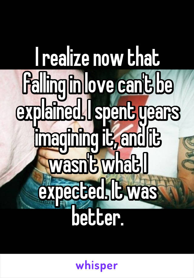 I realize now that falling in love can't be explained. I spent years imagining it, and it wasn't what I expected. It was better.