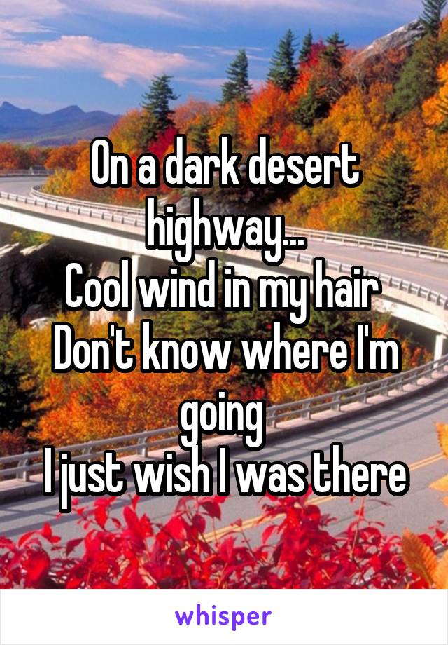 On a dark desert highway...
Cool wind in my hair 
Don't know where I'm going 
I just wish I was there