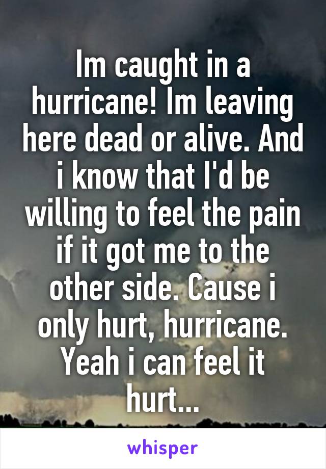 Im caught in a hurricane! Im leaving here dead or alive. And i know that I'd be willing to feel the pain if it got me to the other side. Cause i only hurt, hurricane. Yeah i can feel it hurt...