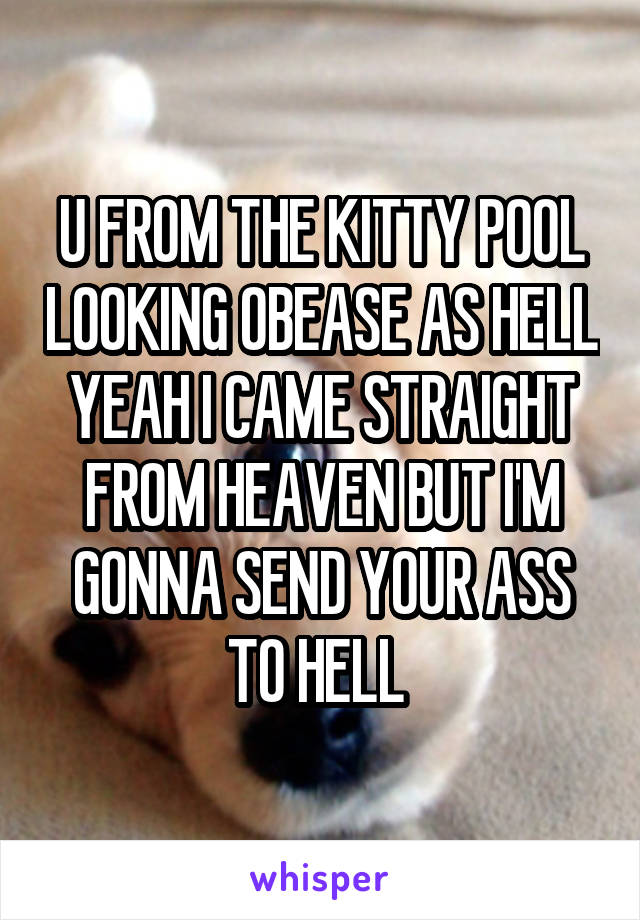 U FROM THE KITTY POOL LOOKING OBEASE AS HELL YEAH I CAME STRAIGHT FROM HEAVEN BUT I'M GONNA SEND YOUR ASS TO HELL 