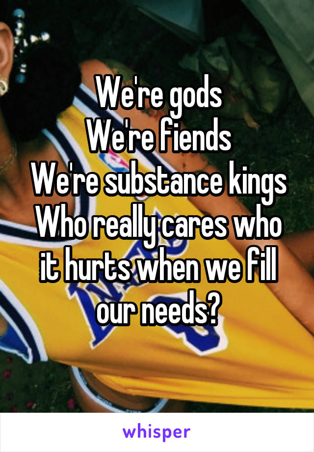 We're gods
We're fiends
We're substance kings
Who really cares who it hurts when we fill our needs?
