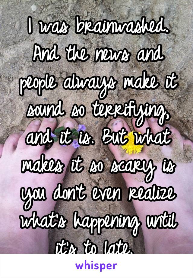 I was brainwashed. And the news and people always make it sound so terrifying, and it is. But what makes it so scary is you don't even realize what's happening until it's to late. 