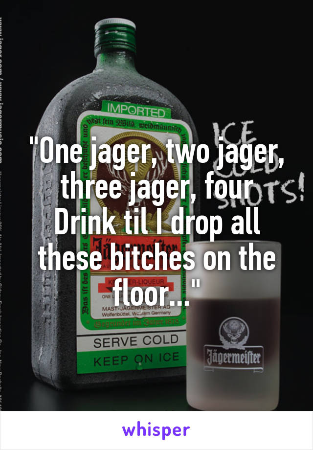 "One jager, two jager, three jager, four
Drink til I drop all these bitches on the floor..."